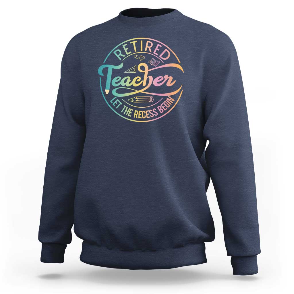 Navy crewneck sweatshirt with “Retired Teacher” circular graphic on the chest