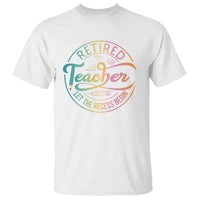 White retired teacher T-shirt with colorful 'Retired Teacher' circular graphic