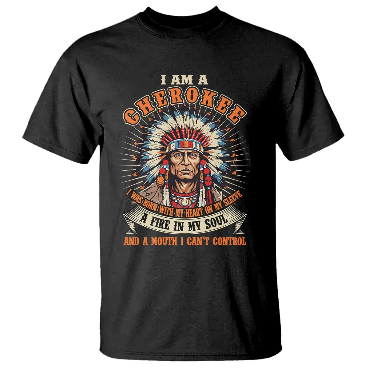 Black T-shirt with Cherokee headdress portrait and “A FIRE IN MY SOUL” text
