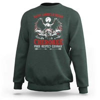 Dark green crewneck sweatshirt with large front Native American graphic and red text