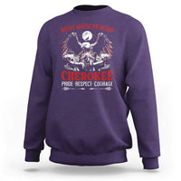 Purple crewneck sweatshirt with large front Native American graphic and red text