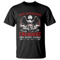 Black T-shirt with large front eagle and moon graphic, Cherokee pride respect text