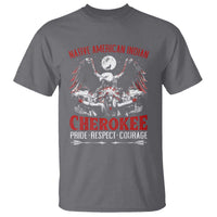 Heather gray T-shirt with large front eagle and moon graphic, Cherokee pride respect text