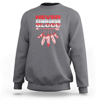 Charcoal gray crewneck sweatshirt with red/white 'Never' text and feather graphic on chest
