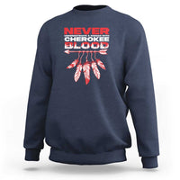 Navy crewneck sweatshirt with red/white 'Never' text and feather graphic on chest