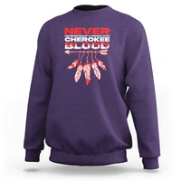 Purple crewneck sweatshirt with red/white 'Never' text and feather graphic on chest