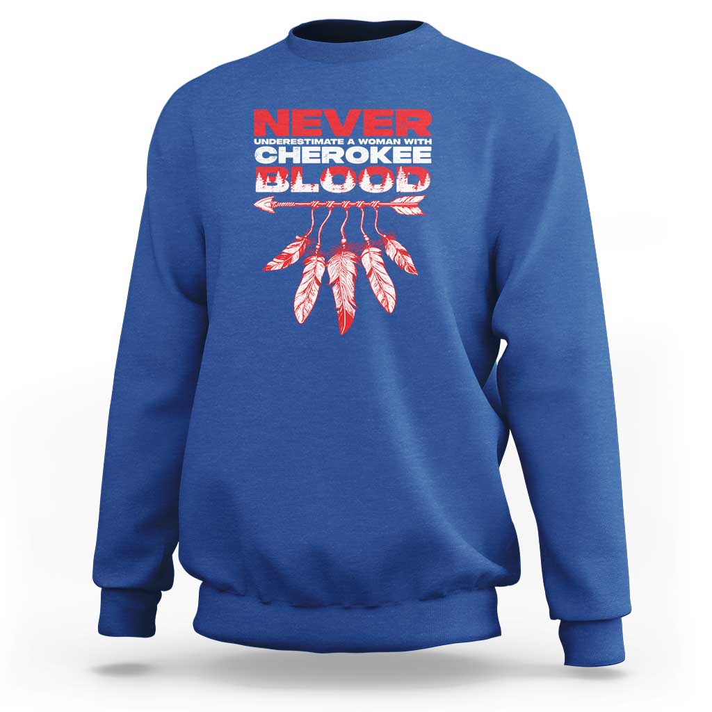 Royal blue crewneck sweatshirt with red/white 'Never' text and feather graphic on chest