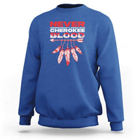 Royal blue crewneck sweatshirt with red/white 'Never' text and feather graphic on chest