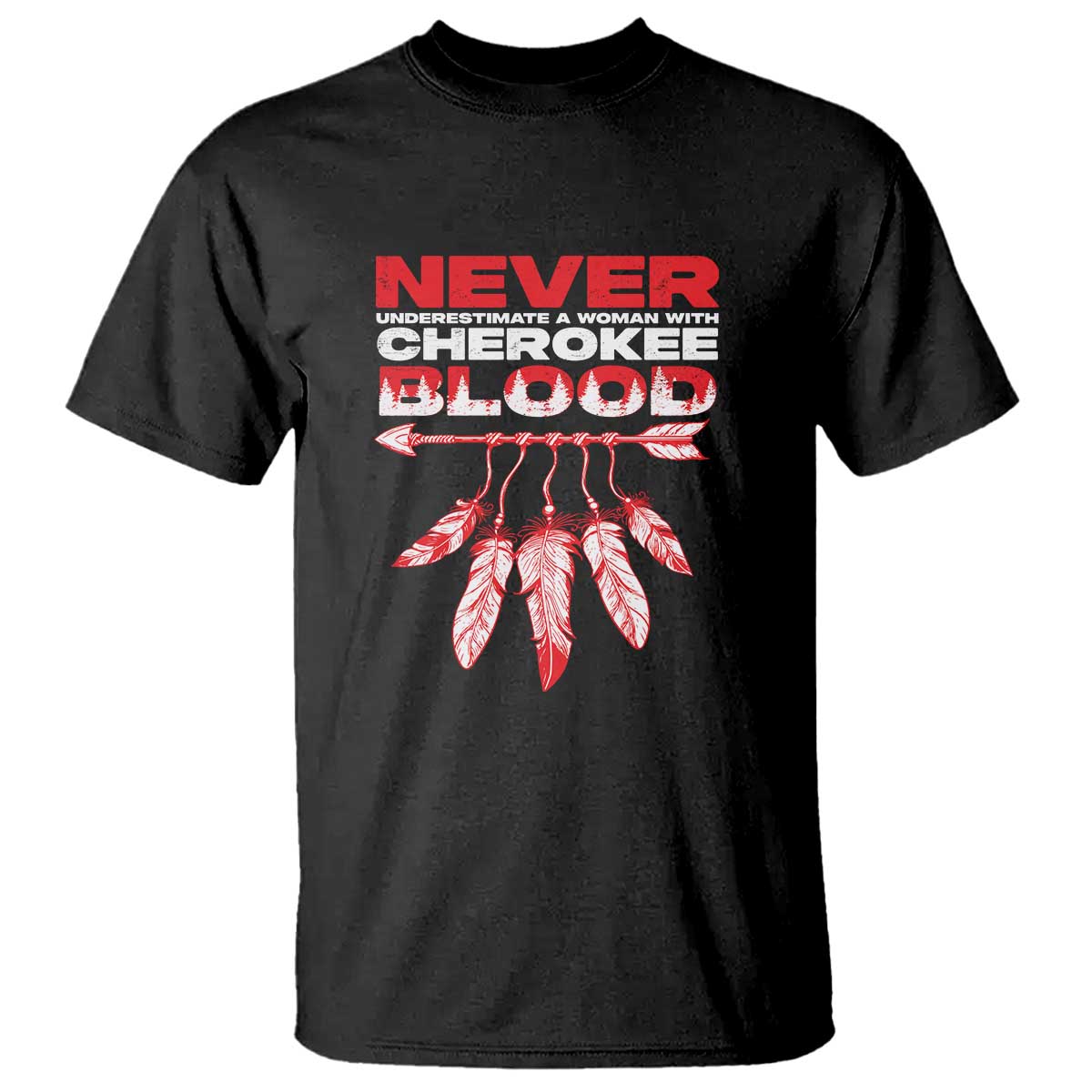 Black graphic T-shirt with red Cherokee headdress and 'Never Underestimate' text