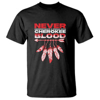 Black graphic T-shirt with red Cherokee headdress and 'Never Underestimate' text