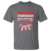 Charcoal graphic T-shirt with red Cherokee headdress and 'Never Underestimate' text