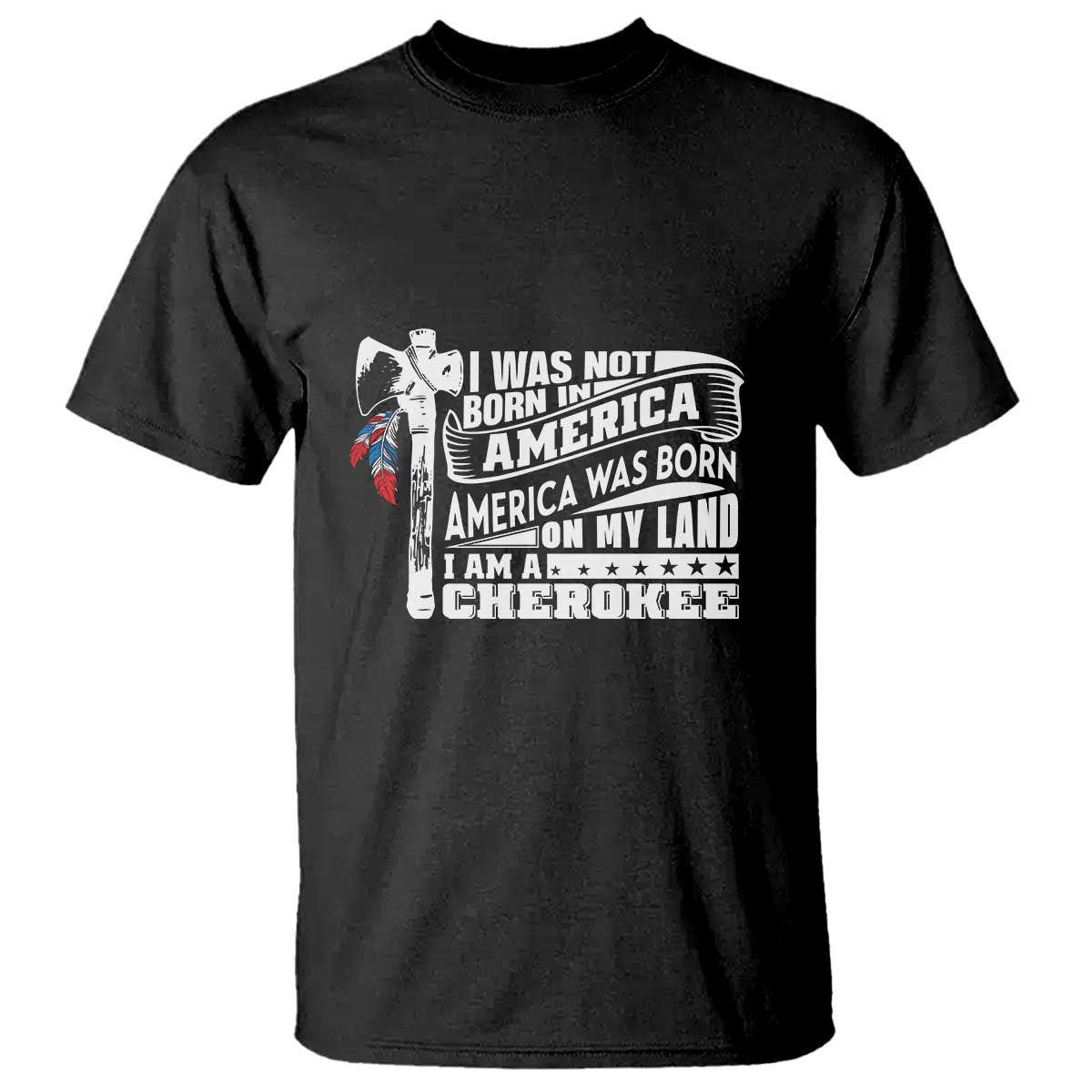 Black crew-neck T-shirt with Cherokee graphic text and feather emblem on front