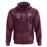 Maroon hoodie with hood, kangaroo pocket, and Native graphic chest print.