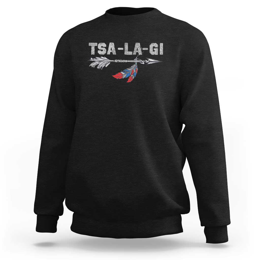 Black crewneck sweatshirt with TS-A-LA-GI text and feather graphic