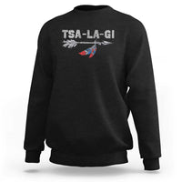 Black crewneck sweatshirt with TS-A-LA-GI text and feather graphic