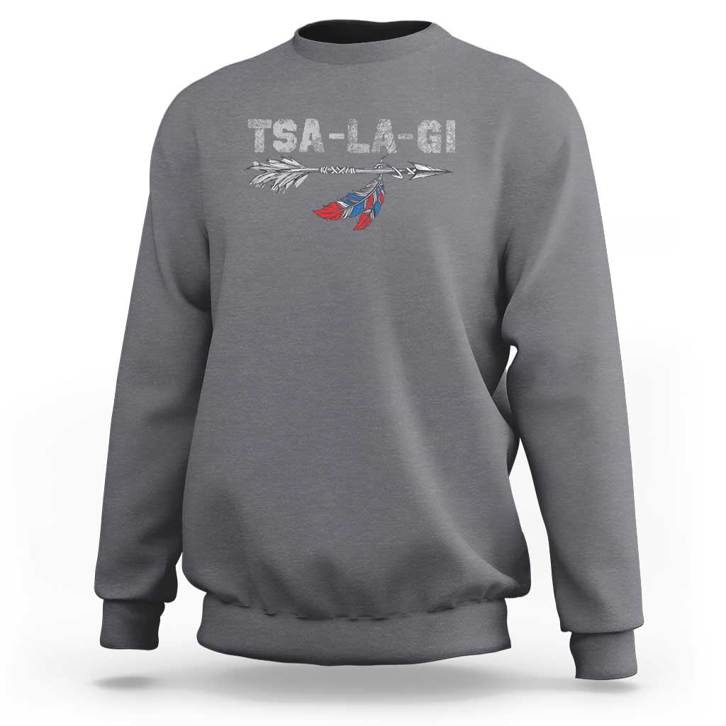 Charcoal gray crewneck sweatshirt with TS-A-LA-GI text and feather graphic