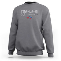 Charcoal gray crewneck sweatshirt with TS-A-LA-GI text and feather graphic