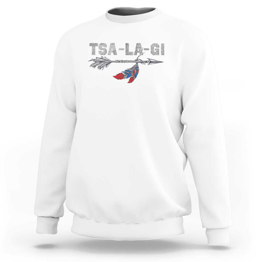 White crewneck sweatshirt with TS-A-LA-GI text and feather graphic