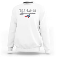 White crewneck sweatshirt with TS-A-LA-GI text and feather graphic