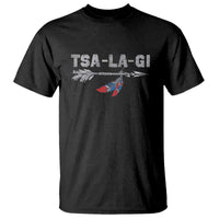 Black T-shirt with TSA-LA-GI feather graphic on chest