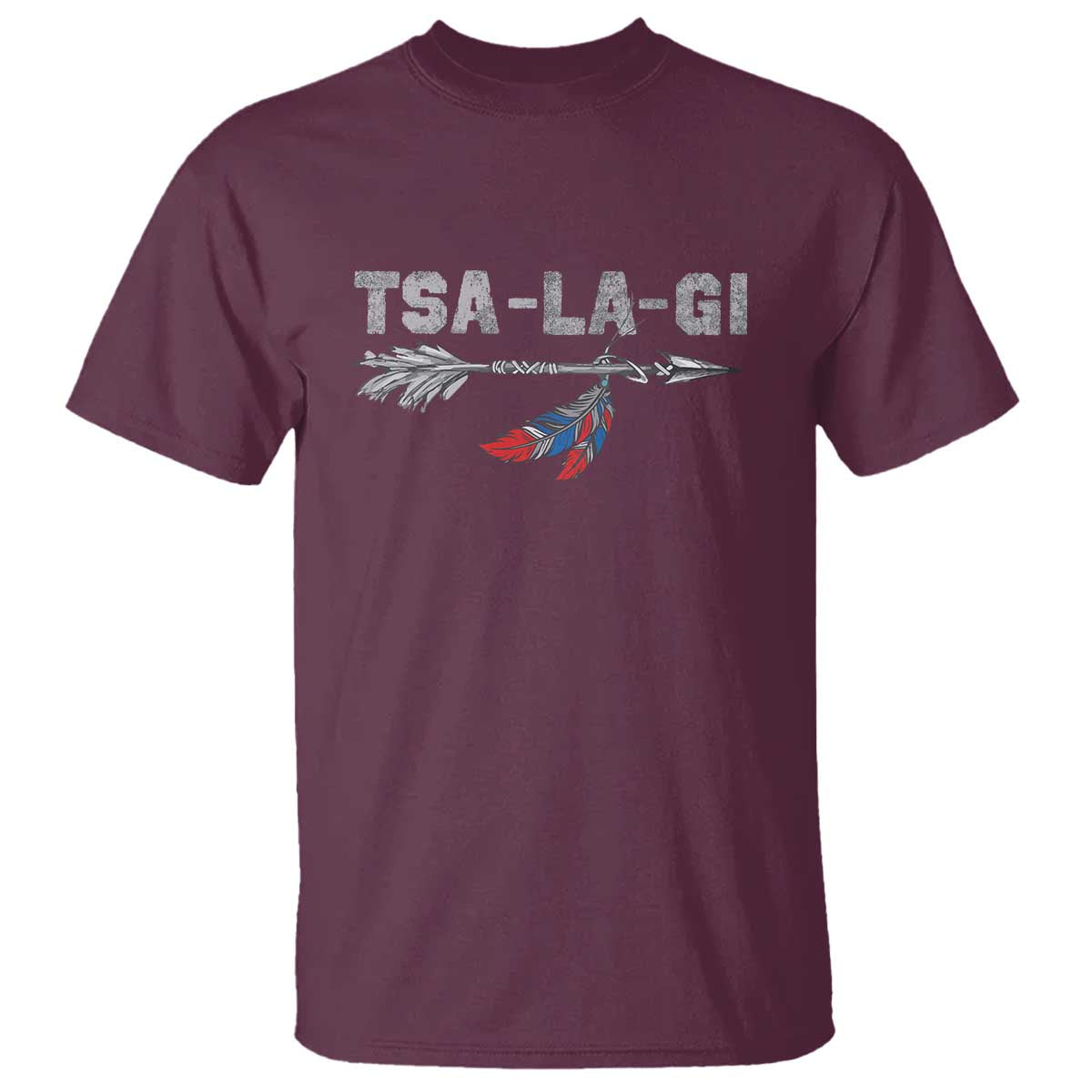 Maroon T-shirt with TSA-LA-GI feather graphic on chest