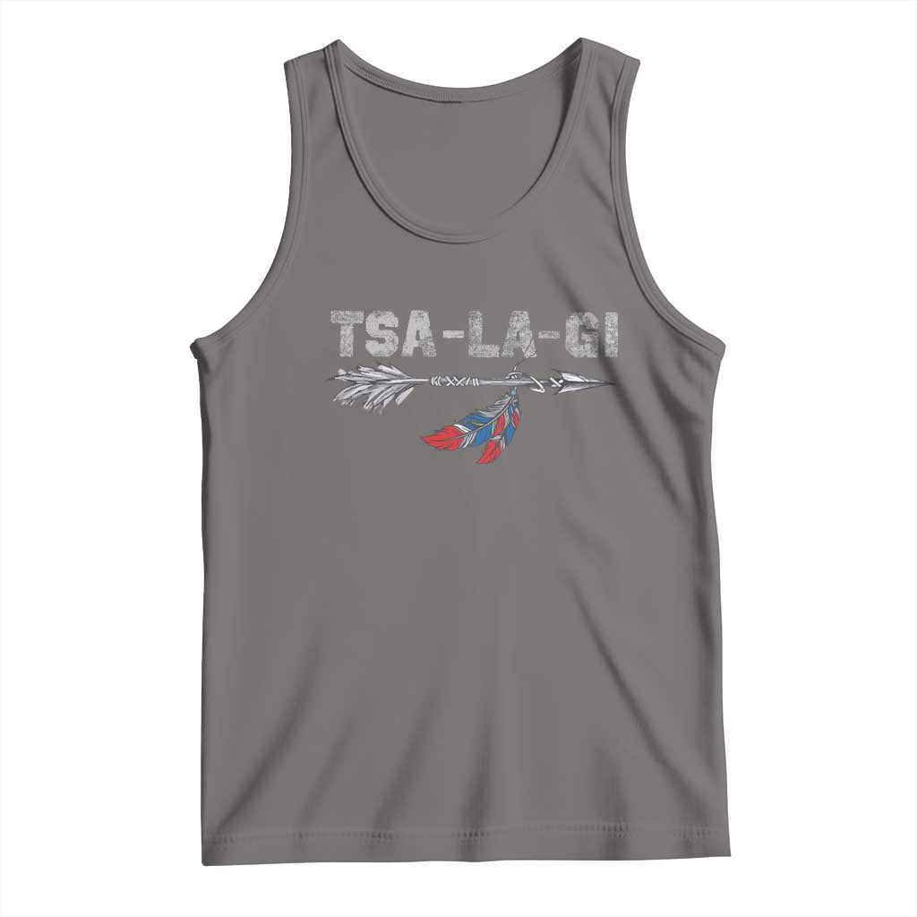 Cherokee Tsalagi tank top in dark gray with front graphic design, scoop neck, sleeveless