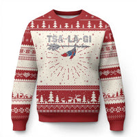 Red ugly Christmas sweater with bird graphic, pine tree pattern, crew neck