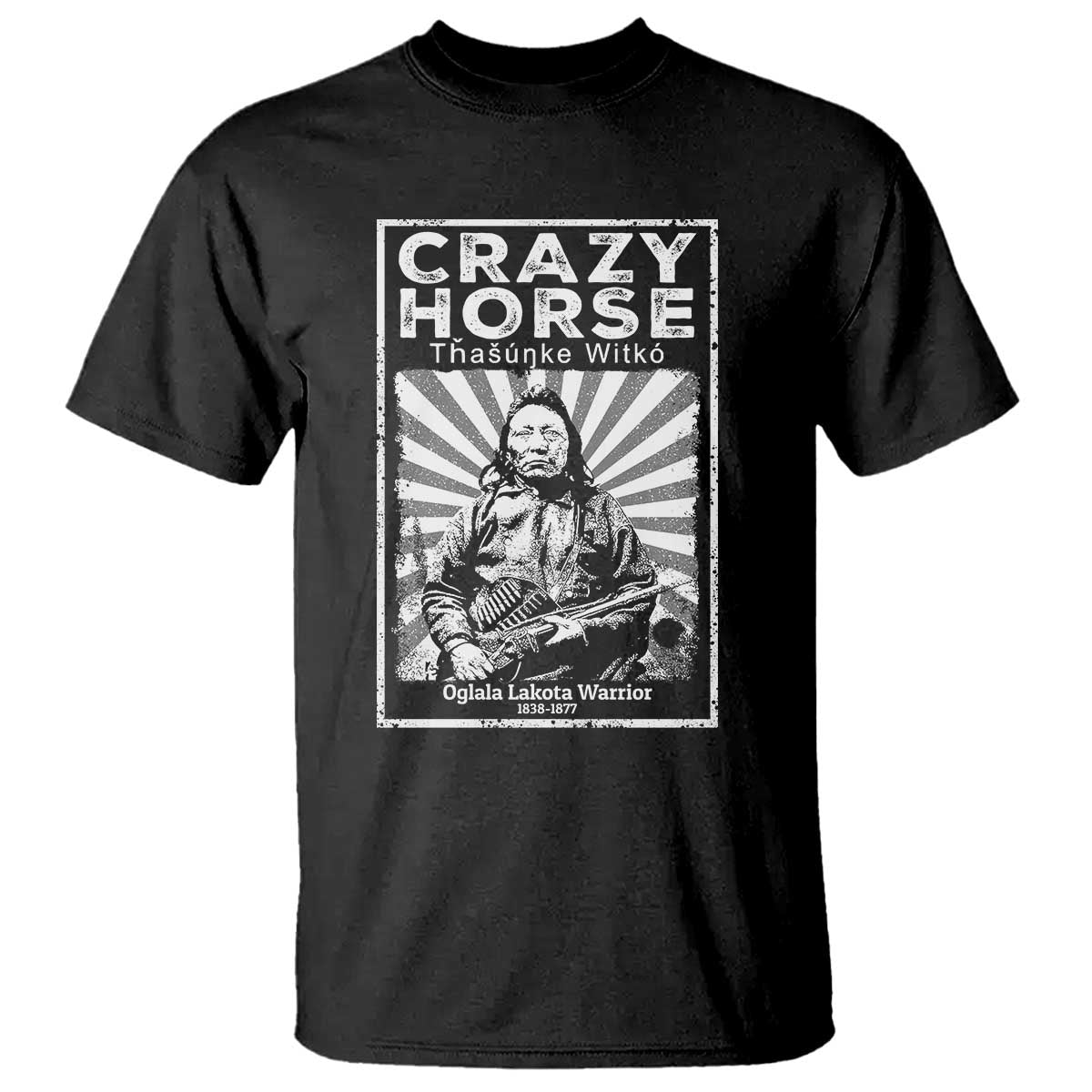 Black graphic T-shirt with Crazy Horse portrait and text logo on front.