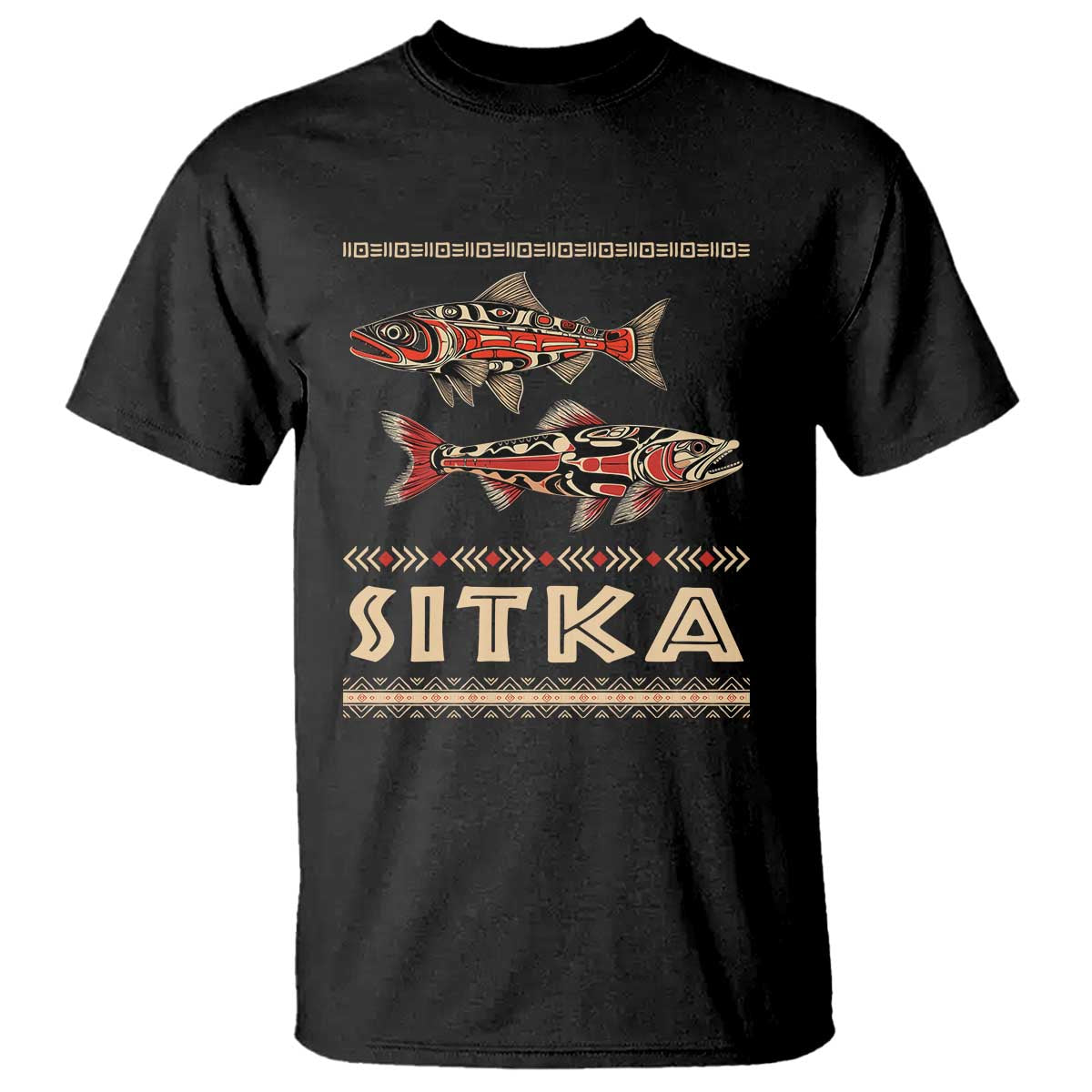 Black tee with salmon graphic and Sitka tribal print in front.
