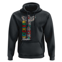 Black hoodie with front totem pole graphic and “Alaska” script text, front pocket and hood