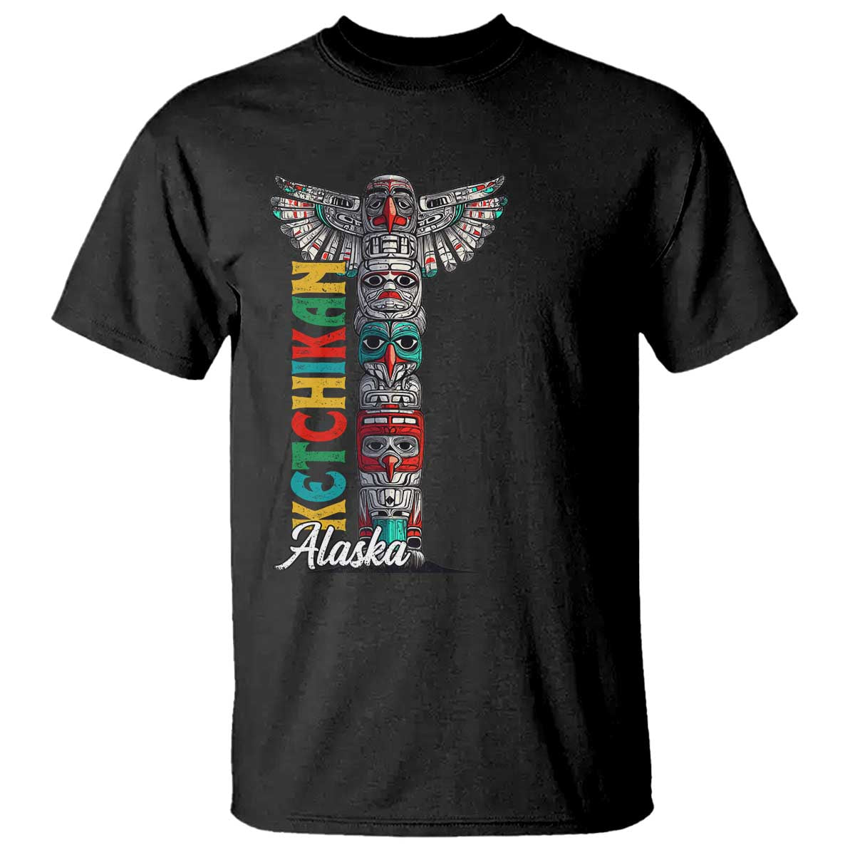 Black T-shirt with vertical totem pole graphic and 'Alaska' script text