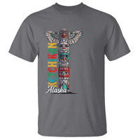 Charcoal gray T-shirt with vertical totem pole graphic and 'Alaska' script text