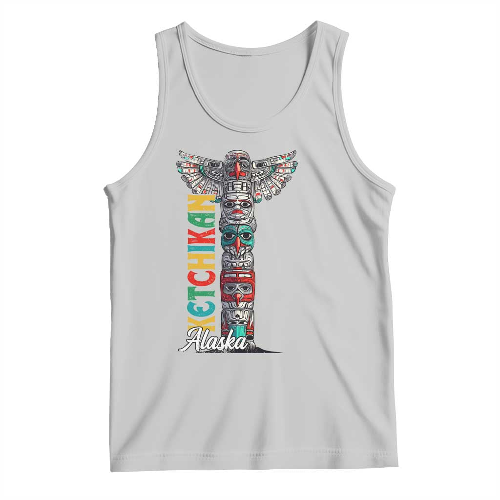 Light gray sleeveless tank top with colorful totem pole front graphic and Alaska text