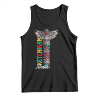 Black tank top with colorful Alaska totem pole graphic, sleeveless crew neck