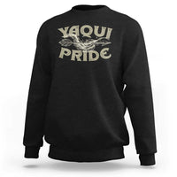 Black crewneck sweatshirt with Yaqui Pride bird graphic on front