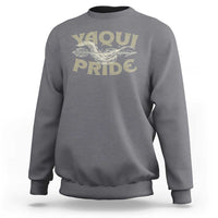 Gray crewneck sweatshirt with Yaqui Pride bird graphic on front