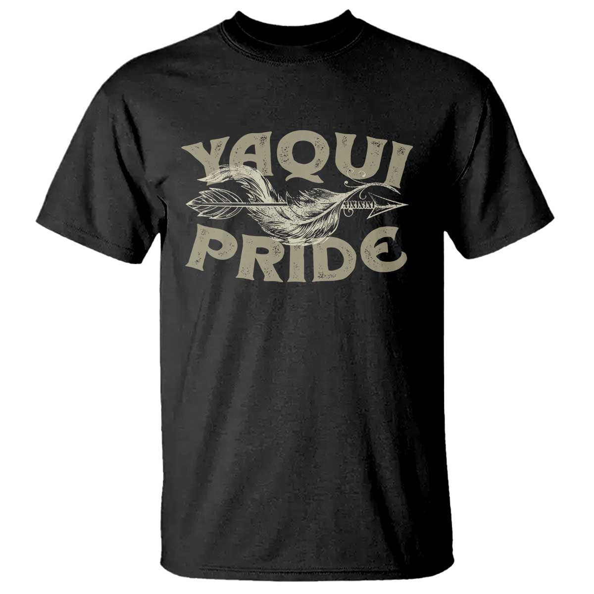 Black T-shirt with 'YAQU PRIDE' graphic and feather wings on front