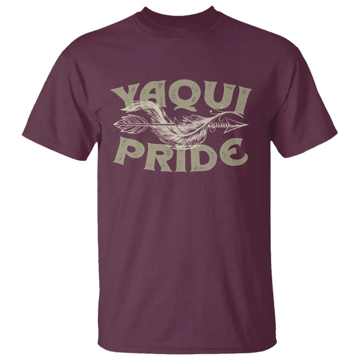 Maroon T-shirt with 'YAQU PRIDE' graphic and feather wings on front