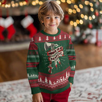 Kids ugly Christmas sweater with trees and 'Proud to Be Native' graphic, green and red
