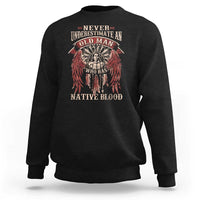 Black crewneck sweatshirt with red Native blood graphic on chest