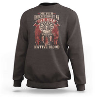 Charcoal crewneck sweatshirt with red Native blood graphic on chest