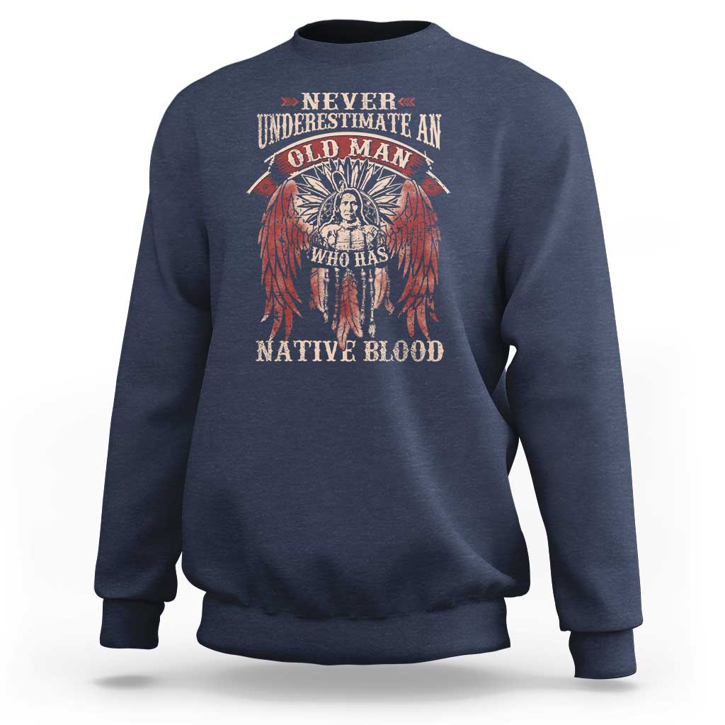 Navy crewneck sweatshirt with red Native blood graphic on chest