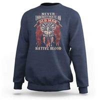 Navy crewneck sweatshirt with red Native blood graphic on chest