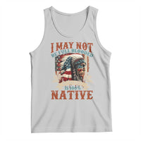 Light gray graphic tank top with front Native-inspired text and portrait print