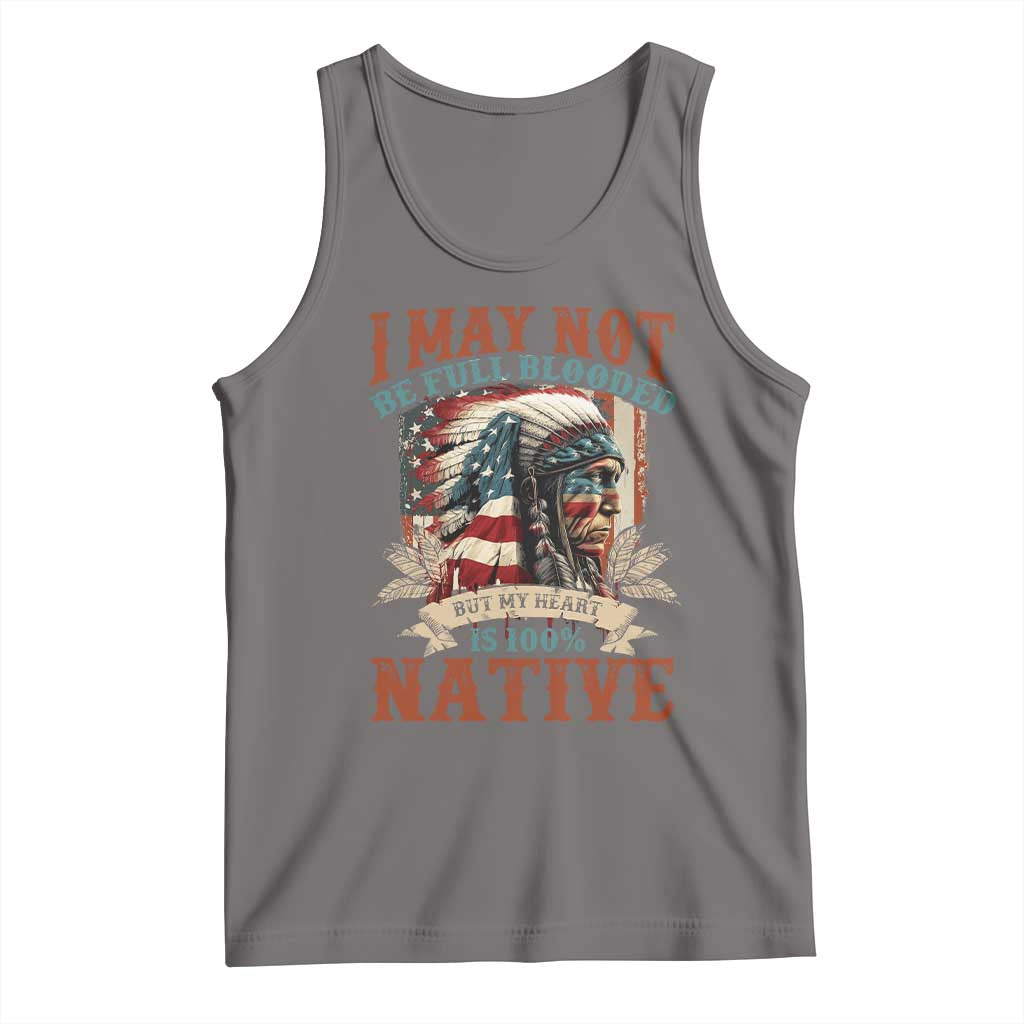 Dark gray tank top with Native-themed graphic and stacked text design