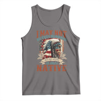 Dark gray tank top with Native-themed graphic and stacked text design