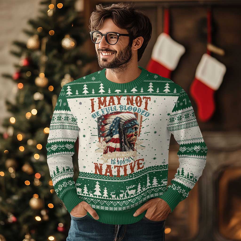 Green ugly Christmas sweater with Native graphic, snowy tree fair isle pattern