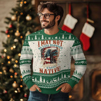 Green ugly Christmas sweater with Native graphic, snowy tree fair isle pattern