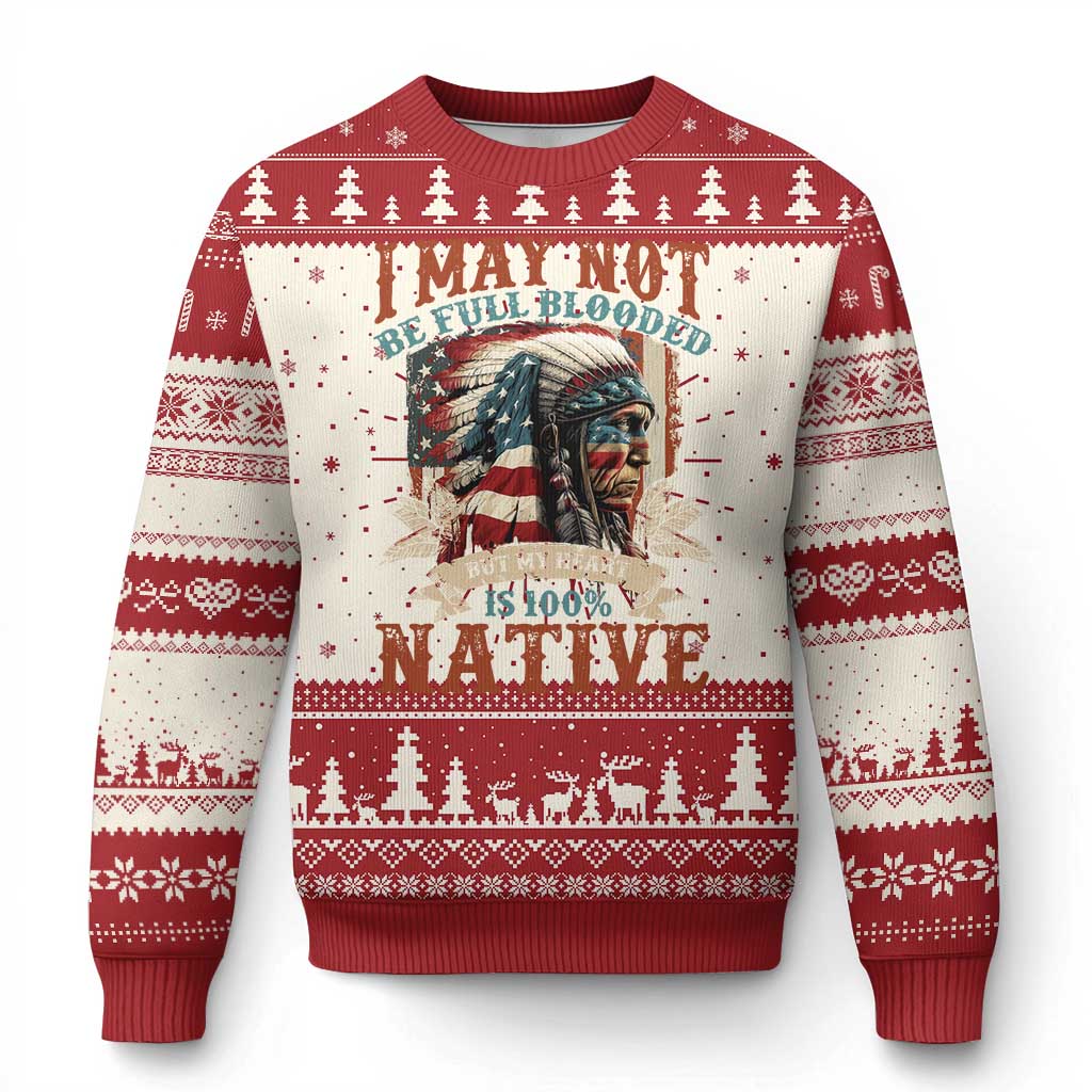 Red ugly Christmas sweater with Native graphic, tree and snowflake fair isle pattern