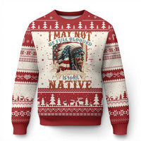 Red ugly Christmas sweater with Native graphic, tree and snowflake fair isle pattern